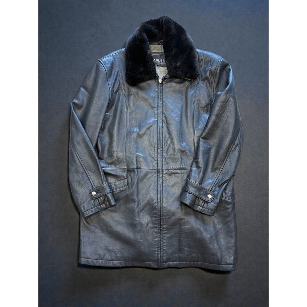 Adler Collection Leather Coat Women’s L Black Faux Fur Collar Y2K Zip Jacket